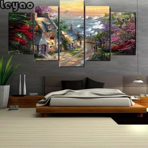 5 Pcs 5D DIY Diamond Painting Full Square Diamond Embroidery Multi-Picture Seaside Cottage Cross Stitch Mosaic Classic Scenery