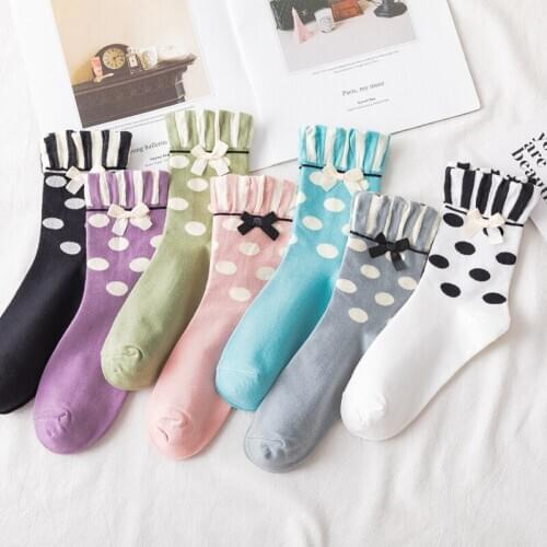 Korean Style Women Novelty Crew Socks Cute Kawaii Christmas Gifts Cotton Long Funny Funky Bow Socks for Girls 7 Pairs Set