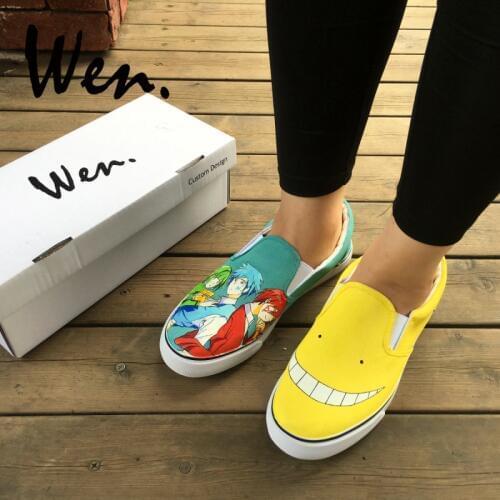 Wen Custom Hand Painted Shoes Design Anime Assassination Classroom Korosensei Slip On Canvas Sneakers for Boys Girls Gifts