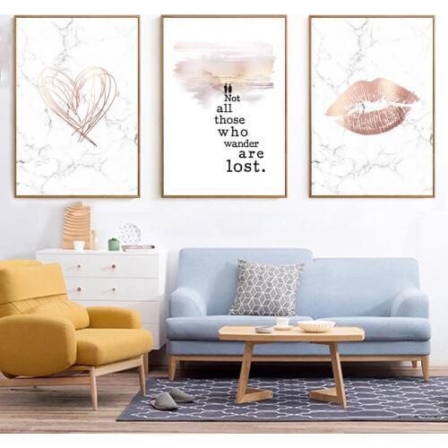 Poster Nordic Pink Lips Poster Home Heart Wall Art Canvas Painting Marble Home Decor Canvas Prints Scandinavian Decor Unframed