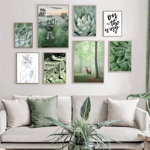 Scandinavian Green Grass Leaf Plant Wall Art Poster Picture Succulent Cactus Canvas Painting Deer Nordic Print Living Room Decor