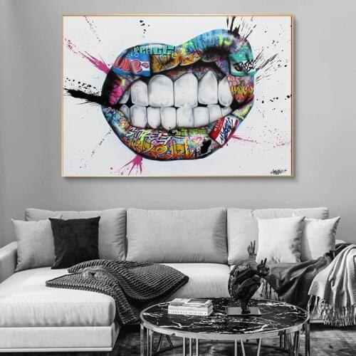 Modern Artwork Teeth Lips Street Graffiti Art Canvas Painting on The Wall Abstract Mouth Posters and Prints for Home Room Decor