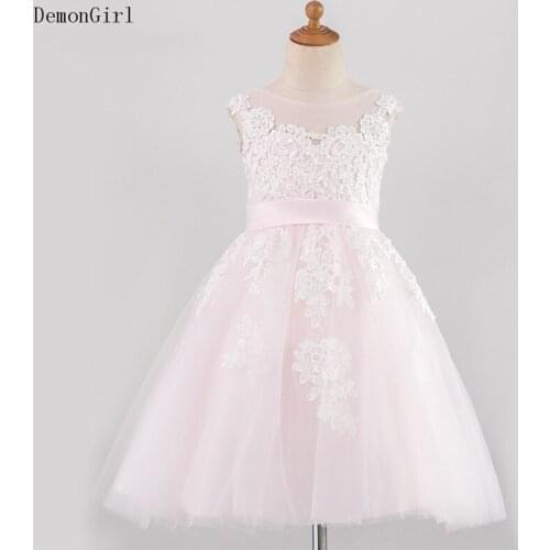 Light Pink Lace Flower Girl Dresses Lace Tulle Backless Kids Wedding Party Dresses First Communion Dresses