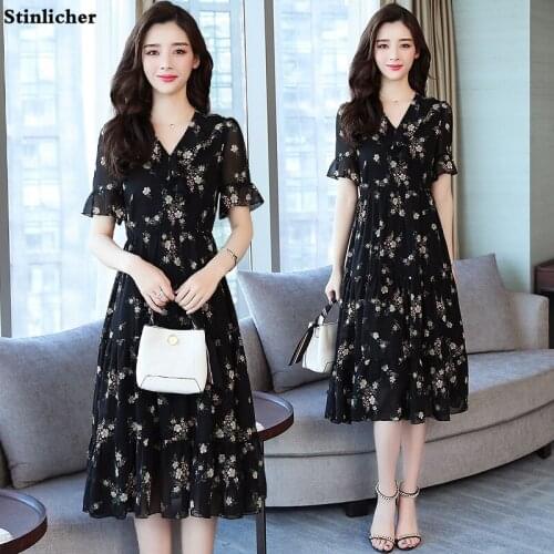 Vintage black chiffon long dress women summer fashion short sleeve loose flower print ruffle party dress ladies plus size 5XL