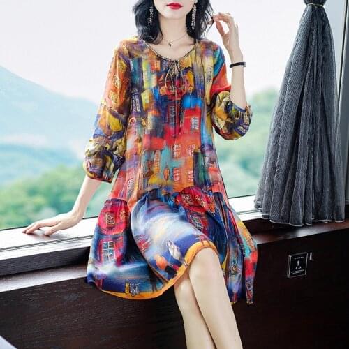 High Quality 100% Genuine Silk Dresses for Women 2021 Bohemian Style Female Midi Dress Beach Dress Vestidos De Mujer Zjt2008