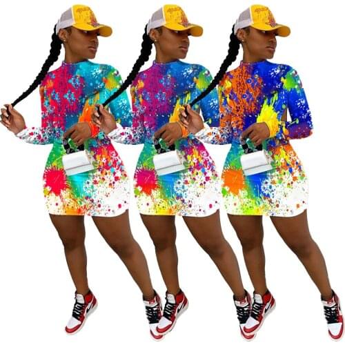 Adogirl Women Sexy Painted Print Open Back Mini Dress Long Sleeve O-Neck Bodycon Dress Fashion Streetwear Lady Dress Vestido