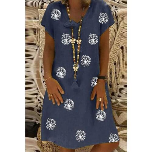 Plus Size Dandelion Print Dress Women Short Sleeve V-neck Dresses For Women 2021 Oversized Loose Vintage Dress