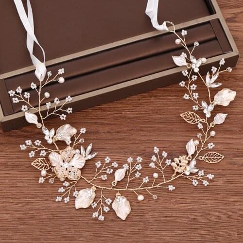 Gold Color Leaf Headbands Hair Ornaments Handmade Pearl Hairband Wedding Tiara for Women Wedding Bridal Hair Accessories
