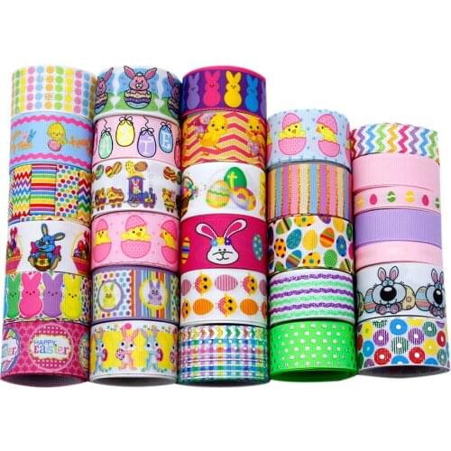 10Yards/Set Random Design Width Easter Eggs Bunny Printed Grosgrain Ribbon Roll Sets For Wedding Christmas Decoration DIY Sewing