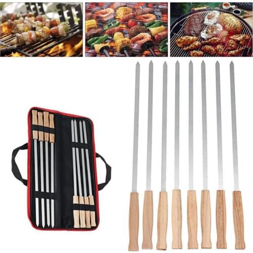 6Pcs Kebab BBQ Stainless Steel Skewers with Wooden Handles Roasting Pin Barbecue Fork Wooden Handle for Picnic