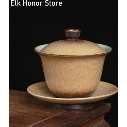 Kiln Turquoise Sancai Covered Bowl Chinese Kung Fu Household Tea Set Tea Ceremony Covered Bowl Handmade Ceramic Tea Bowl