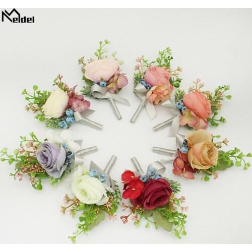 Meldel Boutonniere Wedding Wrist Corsage Bride Bracelet Flower Silk Ribbon Groom Boutonniere Wedding Planner Girl Wrist Corsages