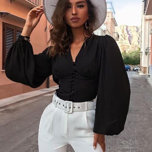 Black V-Neck Sexy Slim Top Womens T-Shirts New Women Tops All-Match Fashion Button Lantern Sleeve Waist Top Woman Tshirts Tees