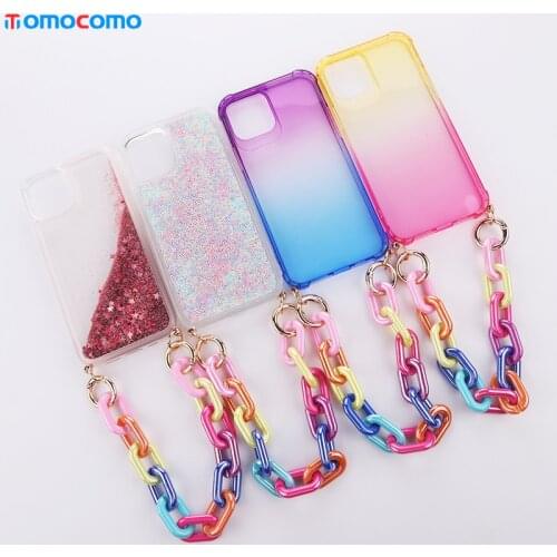 Color Translucent Chain Lanyard Phone Case For iphone 11 12 Pro Max MiNi X XR XS 7 8Plus Plastic Bracelet Phone Cover With Strap