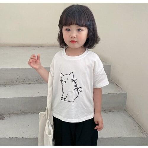 Toddler Girl Short Sleeve T Shirts 2021 New Summer Baby Casual Loose Cotton T-shirt Cute Cat Embroidery Cartoon T-shirt For Girl