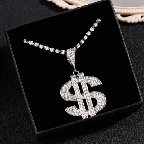 Flatfoosie Shiny Rhinestone Big Dollar Sign Pendant Necklaces for Women Gold Silver Color Crystal Tennis Chain Necklace Jewelry
