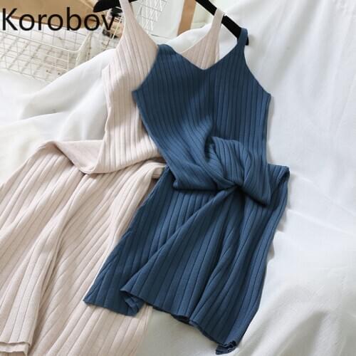 Korobov Korean Casual Loose Knitted Solid Dress Fashion V Neck Slim Bodycon Dresses 2020 Sexy Party Night Vestidos