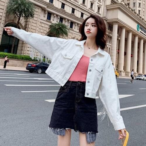 Spring and Autumn Womens Jeans Jacket Denim Fringed Jacket Short Fashion Loose Womens Casual Long Sleeve Button Jacket