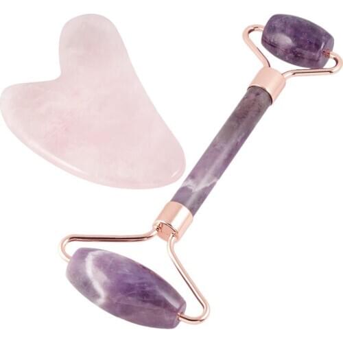 TUMBEELLUWA Natural Crystal Stone Roller & Rose Quartz Gua Sha Scraping Massage Tool Set,Face Massager for Wrinkles,Anti Aging