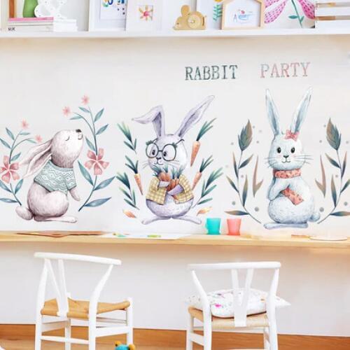 Lovely Rabbit Wall Stickers for Kids Rooms Decoration Teenager Girls Nursery Room Decor Aesthetic Teens Cartoon Decals Mural