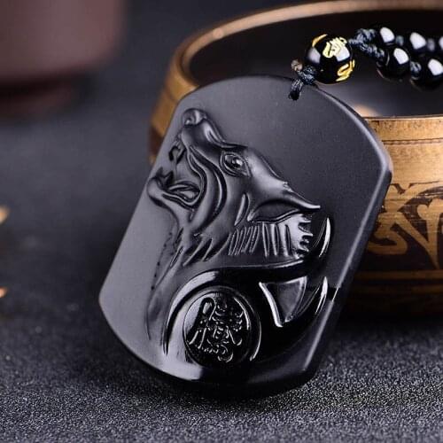 Natural Black Obsidian Wolf Jade Pendant Jewelry Beads Necklace Chinese Hand-Carved Accessories Fashion Amulet Men Women Gifts