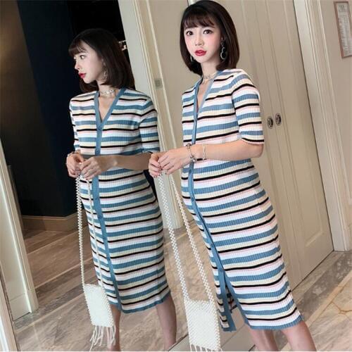 Breastfeeding Clothes Summer Maternity Nursing Dress 2020 Striped Matching Breasted Knit Nursing Dresses Pregnancy Clothing