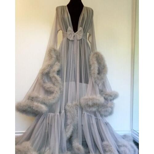 Grey Faux Fur Long Sleeve Women Winter Sexy Kimono Pregnant Party Sleepwear Ladies Bathrobe Sheer Nightgown Robe