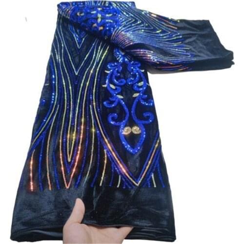 Blue High Quality Nigerian Lace Fabric Embroidered French African Velvet Lace Fabric Weaving Design Green Sequins Lace Fabric