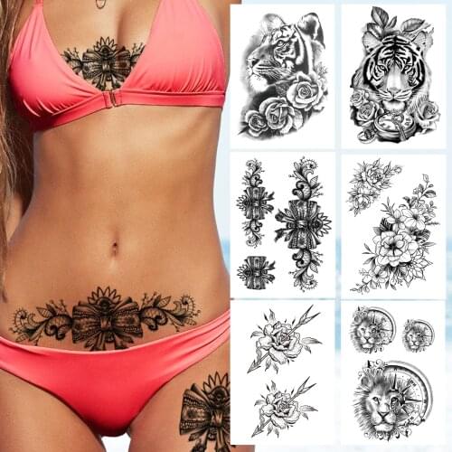 Lace Bow Temporary Tattoos For Women Girl Adult Compass Fake Lion Tattoo Sticker Rose Flower Tiger Black Rosette Tatoos Body Art