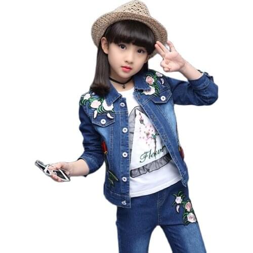 Spring & Autumn Cowboy Girl Sets 2021 Korean Version Flowers Embroidery Clothes For Teens Two-Piece Casual Childrens Clothing