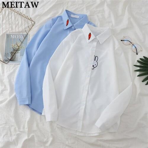 2021 Casual Korean Rabbit Embroidered Office Shirts Women White Blouse Autumn Long Sleeve Turn Down Collar Loose Tops
