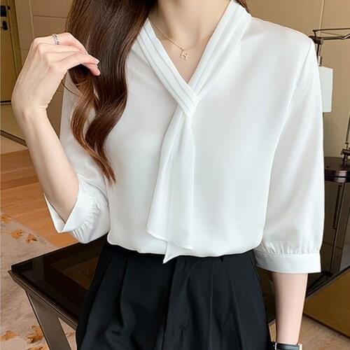 Chiffon Shirt Womens White Short Sleeves 2021 Summer V-neck Top Female Blusas Blouses Solid Bow Elegant Fashion Clothing 1058
