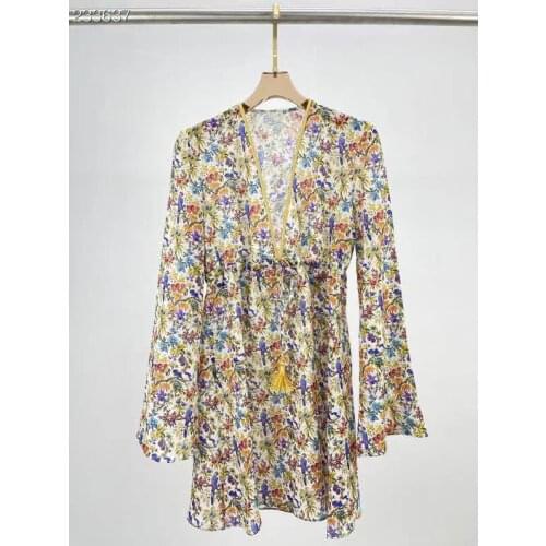 2021 Autumn New Fashion Women Blouse Runway Design Vintage Floral Print V-Neck Elegant Long Sleeve Casual Long Loose Shirt