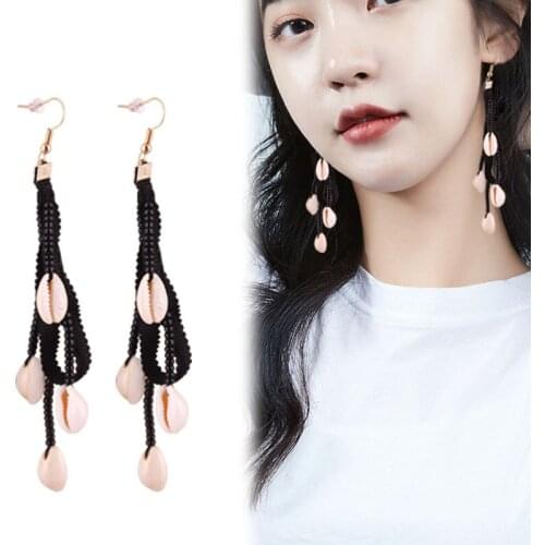 Boho Women Natural Shell Pendants Knitting Black Ribbon Long Tassels Earrings Dig Hanging Drop Dangle Jewelry Accessories Gifts