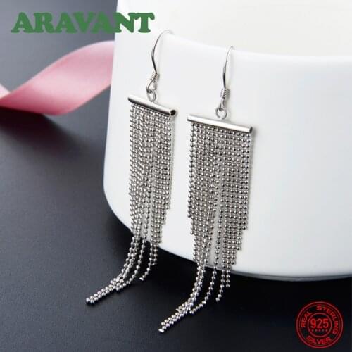 925 Sterling Silver Long Chains Tassel Bead Drop Earrings For Women Fashion Jewerlry