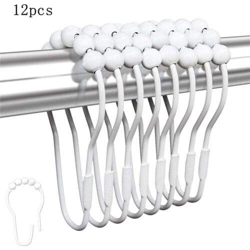 2020 New 12Pcs Curtain Hooks Solid-Color Shower Hanging Ring Tools with Metal Bearing Balls for Bathroom Washroom Living Room