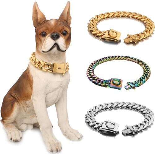 16mm Stainless Steel Dog Chain Metal Training Pet Collar Gold Dogs Necklace Stuff for Pitbull French Bulldog Jewelry Accessories