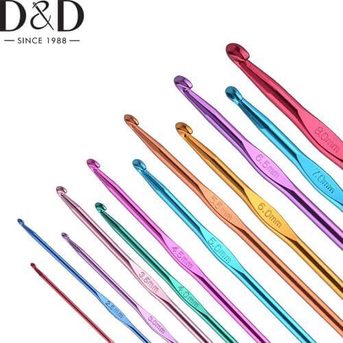 12pcs Mixed Color 2mm-8mm Aluminum Crochet Hooks Metal Handle Knitting Needles Weave Yarn Set Knitting Tools