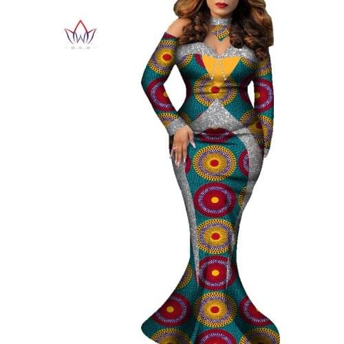 Bintarealwax Off-Shoulder Sleeve Party Dress Elegant Africa Style Dress&Necklace Women Strapless Floor- length Dress WY8993