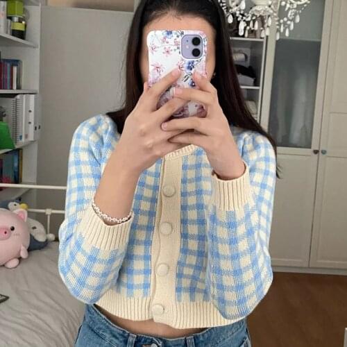 Bornsra Short Slim-fit Outer Wear Plaid Long-sleeved Sweater Jacket Women 2021 Woman Autumn Sweater Cardigan Jacket