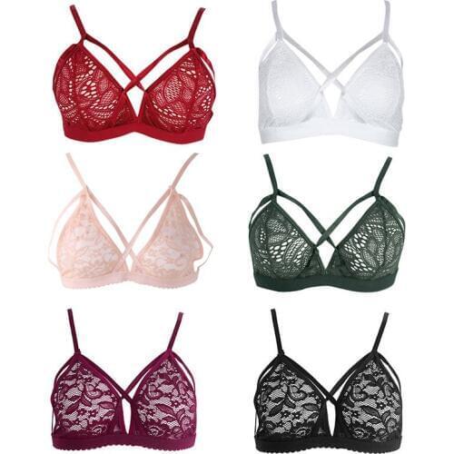 Women Sexy Cross Bandage Crop Tank Top Floral Sheer Lace Bra Seamless Bralette Bustier