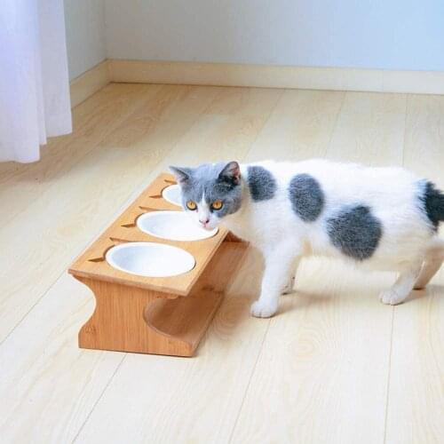Cat Raised Stand Bowl Pet Neck Care Feeder Adjustable Elevated Bamboo Dining Table Oblique Stand With Three Bowls For Puppy
