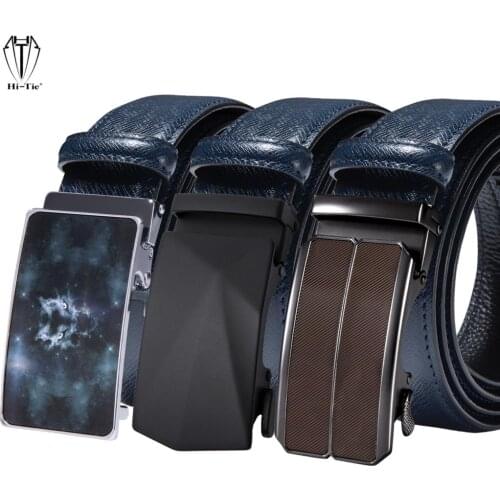 Top Quality Blue Navy Genuine Leather Mens Suit Belts Automatic Buckles Waistband Ratchet Straps for Dress Jeans Formal Casual
