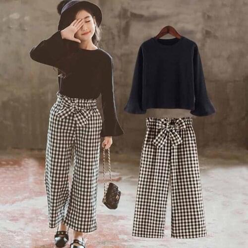 Autumn Suit Childrens Clothing Kids 2-piece Set Cotton Girl Clothes Long-sleeved Top + Plaid Trousers Youth Girl Matching Suit