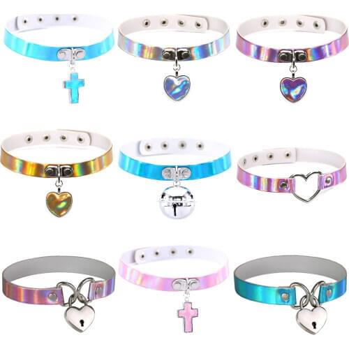 Harajuku Goth Punk Egirl Laser Leather Bell Love Cross Pendant Necklaces for Women Choker Sexy Collar Chain Jewelry Wholesale