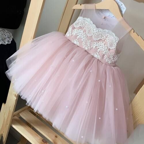 Customized Pink Flower Girls Dress Tulle Lace Pearls Children Wedding Party Gown Birthday Evening Party Dress for Girls