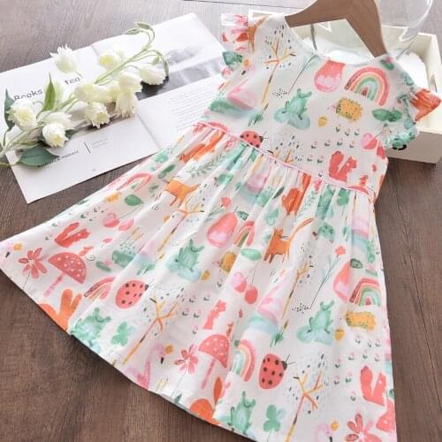 Girls Dresses 2021 Summer Kids Cartoon Print Party Knee-Length Costumes Flying Sleeve Cute Children Cotton Clothing 3-7Y Girls