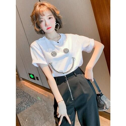 Diamond face round neck short sleeve casual fashion versatile T Womens T-shirt 2021 Spring new