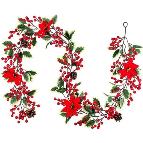 6.3FT Red Berry Christmas Garland, Artificial Poinsettia Garland,Christmas Berry Garland With Pine Cones
