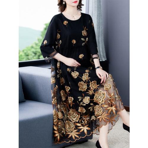 Chic Mesh Embroidered Dress 2021 Spring Autumn New Plus Size Womens High-End A-Line Dress Flower Party Femme Vestidos y1421
